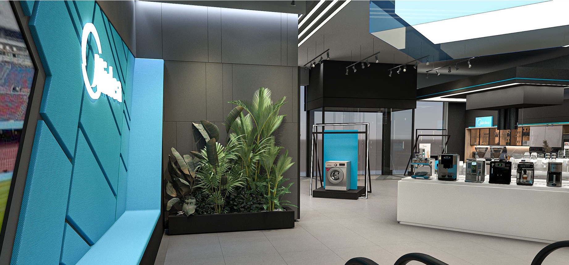 Escalator wall and planters